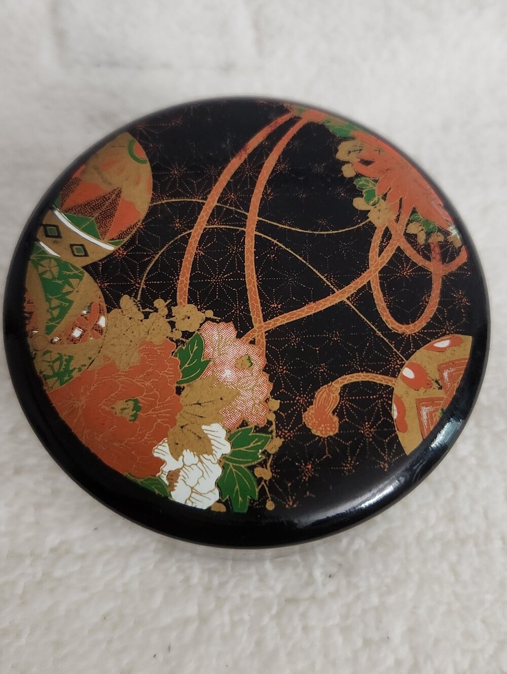 Japanese Lacquerware Round Trinket Box Set, Lot of 2 Black Floral Lidded